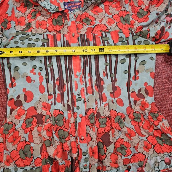 Johnny Was Floral Silk Blouse S Red Multi 3/4 Sleeves Pleated Peplum Flowy Boho - Picture 6 of 10